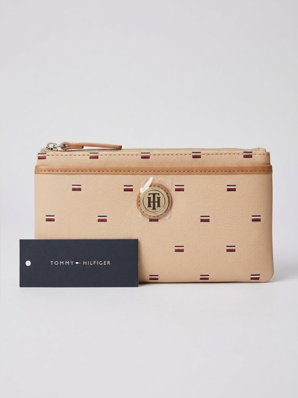 Tommy Hilfiger Cream Double Zip Wristlet Clutch Wallet Red White Blue Logo NWT